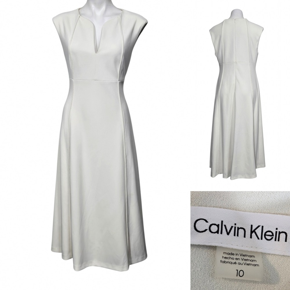 Calvin Klein Dress 10 Off White V-Neck Sleeveless A-Line Midi Ponte knit stretch